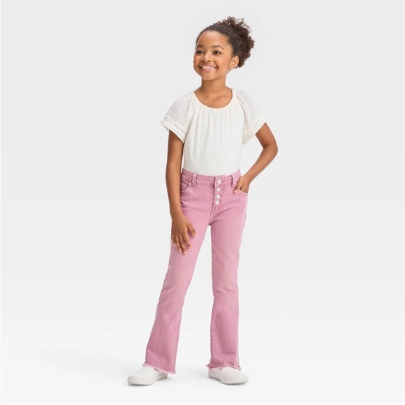 NWT Girls' Mid-Rise Button Fly Flare Jeans - Cat & Jack™ Pink 16 - Picture 1 of 3